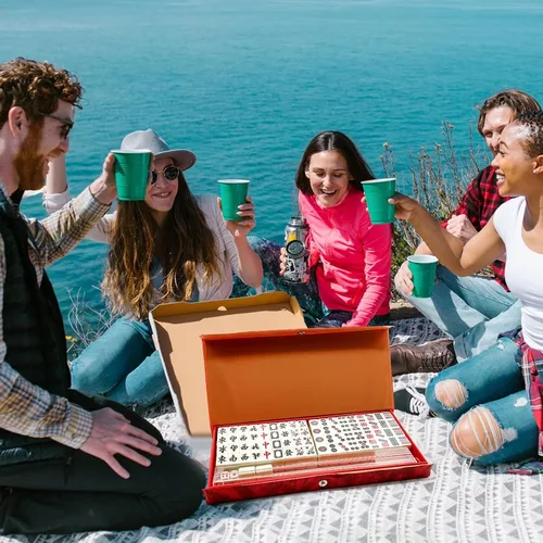 Vista 8 de Mini Mahjong - Juego de versión tradicional china con 2 tarjetas de repuesto, 144 azulejos Mahjong, juego de mesa de viaje con 4 reglas de cartas