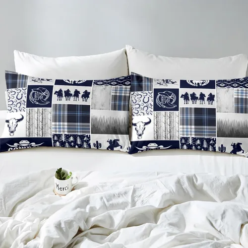 Vista 5 de Western Cowboy - Juego de sábanas para niños, tamaño individual, juego de ropa de cama rústica de herraduras, cactus y herraduras, decoración