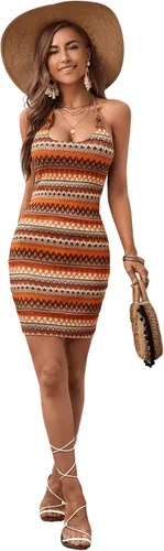 Vista 4 de Verdusa Mini vestido bodycon halter con cuello redondo a rayas y espalda descubierta para mujer
