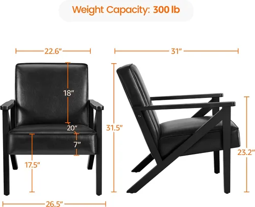 Vista 2 de Yaheetech Silla decorativa, silla de lectura de piel sintética, silla moderna de mediados de siglo con marco de madera maciza para sala de estar