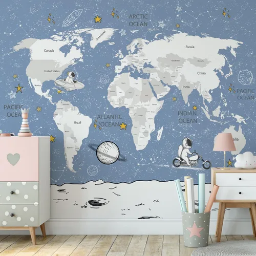 Vista 15 de Papel tapiz para habitación de niños, espacio de astronauta, mural de mapa gigante del mundo con países, papel tapiz para guardería, despegar