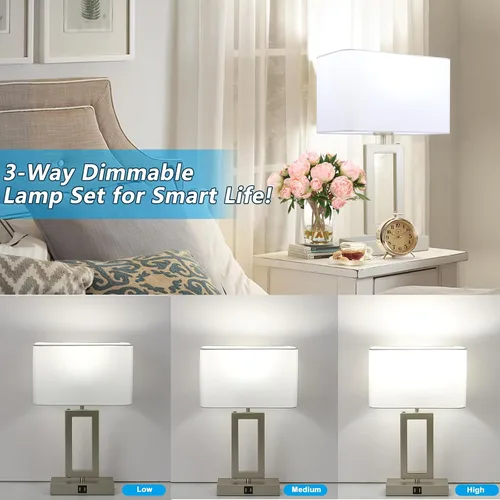 Vista 2 de BrightWe Juego de 2 lámparas de mesa para dormitorio, lámparas de mesa de control táctil con 2 puertos USB, lámparas de mesita de noche regulables