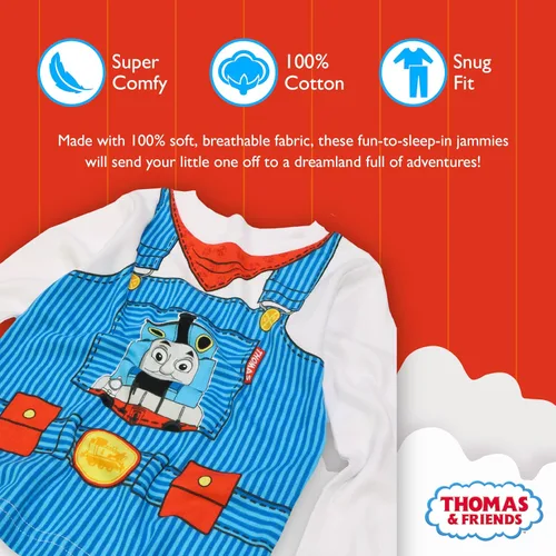 Vista 3 de Thomas the Train Conjunto de pijama de algodón ajustado de 4 piezas para niños, tren rápido, talla 4T, Tren Rápido