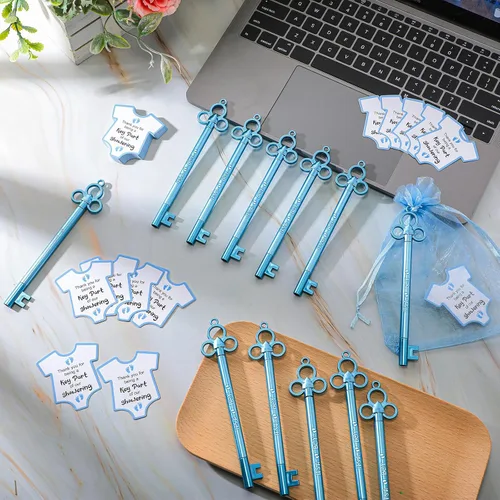 Vista 5 de Geyoga 50 juegos de recuerdos de fiesta de baby shower, 50 bolígrafos elegantes con forma de llave, bolígrafos de tinta de gel, 50 tarjetas de Azul