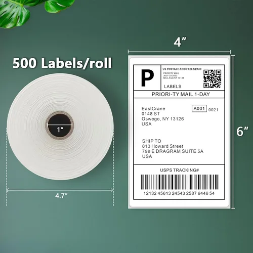 Vista 3 de Rollo térmico de etiquetas de envío 4x6, 500 etiquetas/rollo Compatible con Rollo Zebra MUNBYN JADNES Phomemo IDPRT, grado comercial, adhesivo