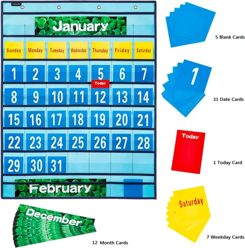 Vista 4 de Calendario mensual de bolsillo, calendario escolar, kit de calendario escolar para aula escolar recursos de aprendizaje (azul)