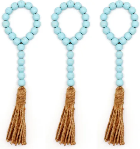 Vista 9 de CVHOMEDECO. Guirnalda de cuentas de madera con borlas, 3 piezas de cuentas rústicas de madera rústica para oración para colgar en la pared para Negro