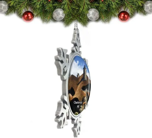 Vista 2 de Charlevoix Mushroom House Michigan USA Adorno de Navidad Decoración de árbol de cristal Metal Souvenir Regalo