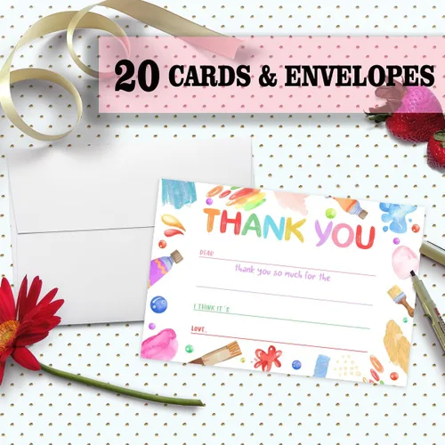Vista 2 de Tarjetas de agradecimiento en blanco para decoración de fiestas de cumpleaños, notas de agradecimiento para niños o niñas, 20 tarjetas con 20 sobres