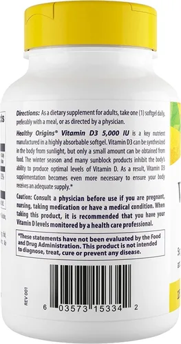 Vista 3 de Healthy Origins Vitamina D3 5,000 UI (sin OMG, alta potencia, apoyo óseo, apoyo inmunológico, sin gluten), 120 cápsulas blandas