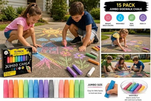 Vista 3 de Tiza para acera de exterior multicolor Jumbo - Juego de 15 piezas lavables prémium