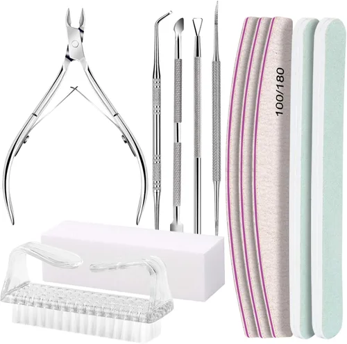 Vista 12 de FANDAMEI Kit de cuidado de uñas, limas de uñas 100/180, bloque de pulidor de uñas, pinzas de cutícula, cortador de cutícula, empujador de cutícula