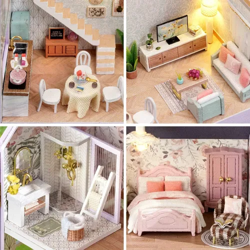 Vista 5 de Spilay Casa de muñecas Kit de muebles de madera en miniatura, mini casa de muñecas hecha a mano con LED, escala 1:24, juguetes creativos para Casa