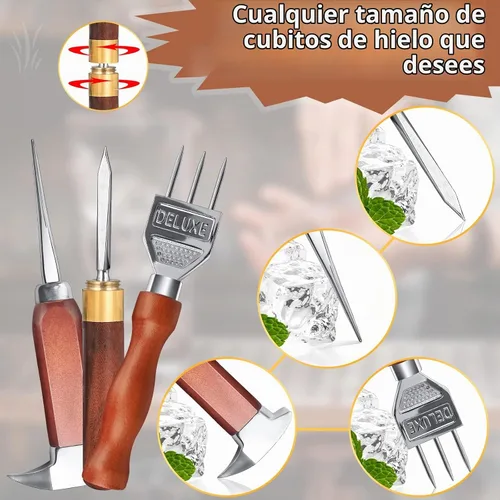 Vista 3 de Juego de 7 palillos de hielo de acero inoxidable con mango de madera, bolsa Lewis de hielo triturado y martillo de madera para romper hielo tallado