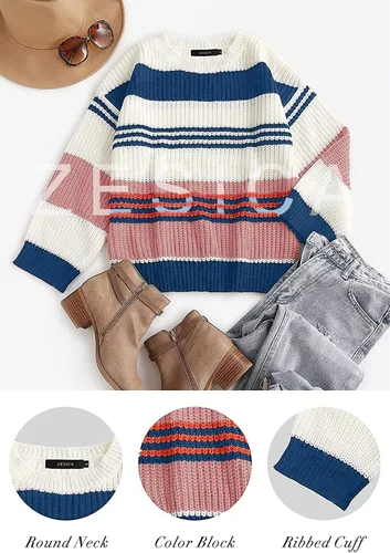 Vista 3 de ZESICA Women's 2024 Fall Long Sleeve Crew Neck Striped Color Block Casual Loose Knitted Pullover Sweater Tops