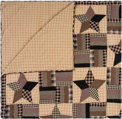 Vista 4 de VHC Brands Bingham Star King Quilt 110Wx97L Country Patchwork Design, Soft Black and Tan