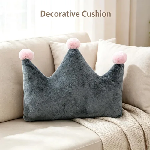 Vista 5 de Almohada de felpa en forma de corona, 20 x 15 pulgadas, gris, relleno de algodón PP, cojín decorativo para sofá cama, perfecto para el hogar