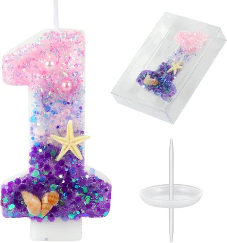 Vista 10 de Velas de cumpleaños, velas rosas y moradas del número 0 decoradas con caracolas, estrellas de mar y perlas para fiesta temática de sirena Morado