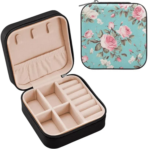 Vista 2 de GUIJI Blue Background Rose PU Leather Jewelry Organizer, Portable Small Jewelry Box Travel Jewelry Case Earrings Necklace Bracelet Rings for Women