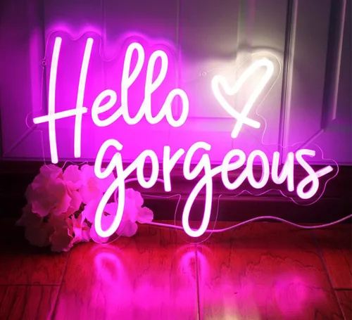 Vista 5 de Letreros de neón con texto en inglés «Hello Beautiful» con texto «Hello Beautiful», luz LED rosa para dormitorio, boda, cumpleaños, telón de fondo
