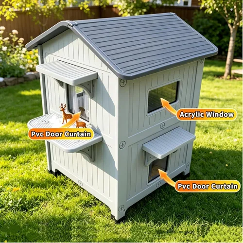 Vista 3 de Casa para gatos al aire libre, casas de 2 pisos al aire libre para gatos salvajes, refugio exterior de plástico, resistente a la intemperie