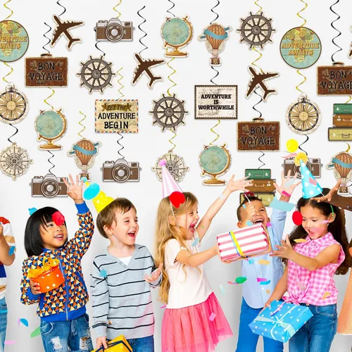 Vista 6 de Qyeahkj 84 piezas de decoración de fiesta temática de viaje Bon Voyage espirales colgantes Adventure Awaits Birthday Streamer Banner alrededor