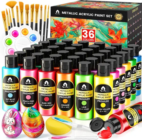 Vista 11 de Juego de pintura acrílica iridiscente de 40 piezas con 12 pinceles, 2 cuchillos y paleta, 24 colores (2 onzas/60 ml) - para adultos, artistas
