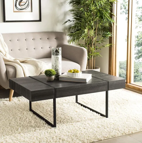 Vista 2 de SAFAVIEH Home Collection - Mesa de centro rectangular moderna Tristan con parte superior de madera negra y base de metal negro, mesa minimalista