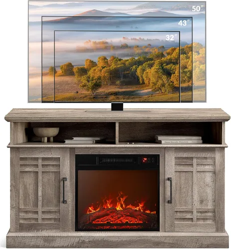Vista 5 de BELLEZE Mueble TV, 48 pulgadas, con chimenea eléctrica funcional de 18 pulgadas, moderno, para TV de máx. 50 pulgadas, estantes abiertos y armarios