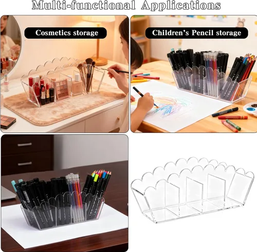 Vista 4 de Portalápices acrílico, 4 compartimentos, organizador de escritorio transparente, soporte para brochas de maquillaje, organizador de bolígrafos