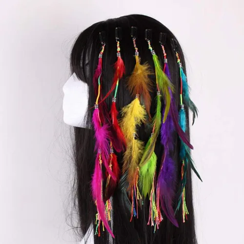 Vista 6 de 6 piezas de clip de plumas para el cabello, hecho a mano, bohemio, hippie, clip de plumas, accesorios para el cabello de Halloween, accesorios