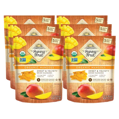 Vista 10 de Sunny Fruit Mangos secos orgánicos suaves – 1 bolsa (5 paquetes de porciones individuales) Sin conservantes, sulfuros o azúcar añadido Paquetes