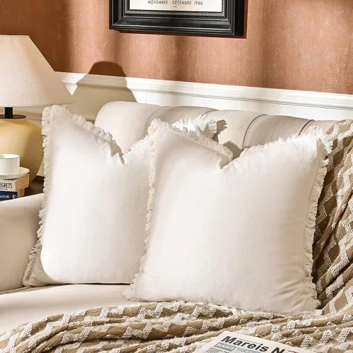 Vista 19 de Paquete de 2 fundas de almohada de lino con borlas con flecos decorativas rústicas naturales para cojín de sofá, sofá, dormitorio 16 x 16 pulgadas