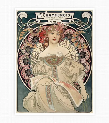 Vista 2 de Póster de publicidad francesa Art Nouveau para F. Champenois Editeur Imprimeur por Alphonse Mucha 1898 Pintura Arte, Ideas de Decoración de Pared
