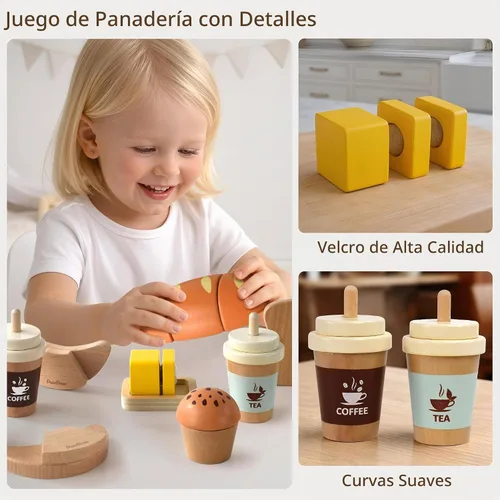 Vista 4 de PairPear - Juego de juguetes de panadería de madera, accesorios de cocina de alimentos de simulación para niños con bolsa de compras, juguetes