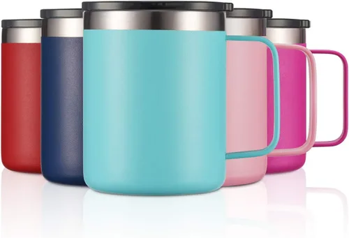 Vista 2 de Taza para café de acero inoxidable aislado con asa, de doble pared con tapa (12 onzas)