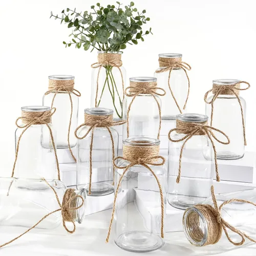 Vista 11 de Jarrones de vidrio vintage para flores, juego de 3 jarrones transparentes para centro de mesa de boda estilo granja, botella cilíndrica