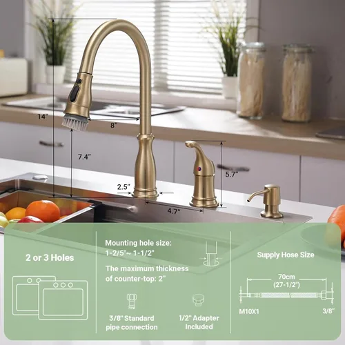 Vista 5 de APPASO - Grifo de cocina de 3 agujeros con mango lateral separado, color dorado cepillado Single Handle High Arc Kitchen Faucets with 3-Mode Pull