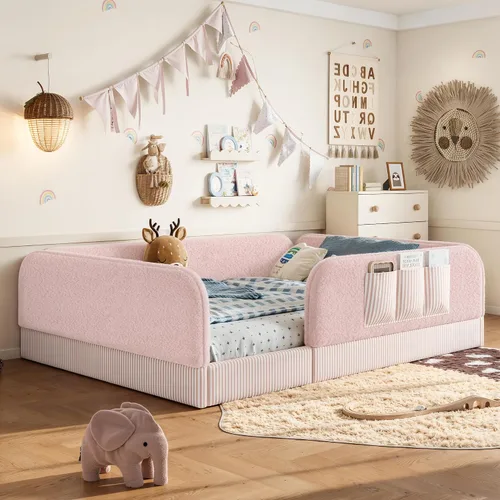 Vista 11 de Queen Teddy Floor Bed with Safety Rails Storage Pocket，Beige- Q：Queen