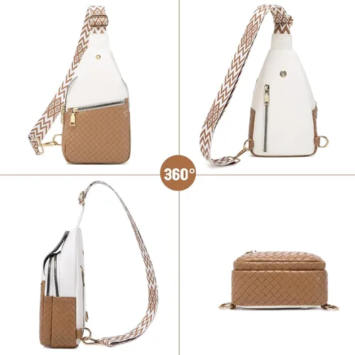 Vista 7 de Bolso bandolera para mujer, cangurera de pecho pequeño, de piel sintética de viaje a la moda, con correa ajustable, F106-beige y marrón claro, Bolso