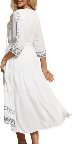 Vista 3 de LauraKlein Vestido bohemio bordado floral estilo étnico europeo manga 34 cuello en V vestidos midi para mujer vestido bohemio de primavera