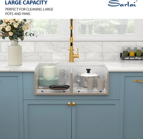 Vista 9 de Sarlai Fregadero de cocina de 33 x 18 pulgadas, color blanco, fregadero de cocina de 33 x 18 pulgadas, cuenco doble frontal 50/50 de porcelana