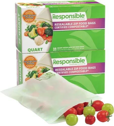 Vista 15 de Responsible Products Bolsa con cremallera resellable de gran galón compostable certificada, bolsas de alimentos extra resistentes, hechas