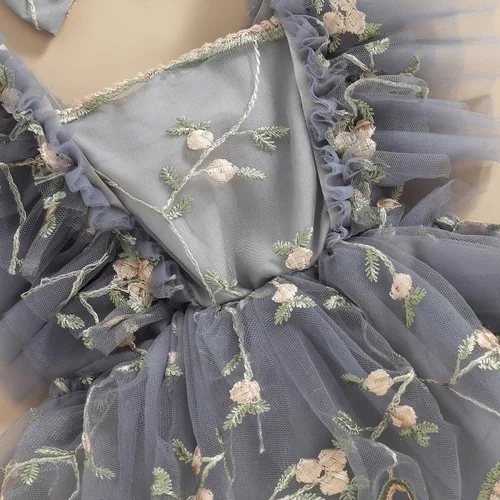 Vista 6 de Comoraecos Vestido mameluco de encaje floral para bebé, vestido de princesa con bordado de tutú y mangas para atar, sin espalda, vestido de princesa