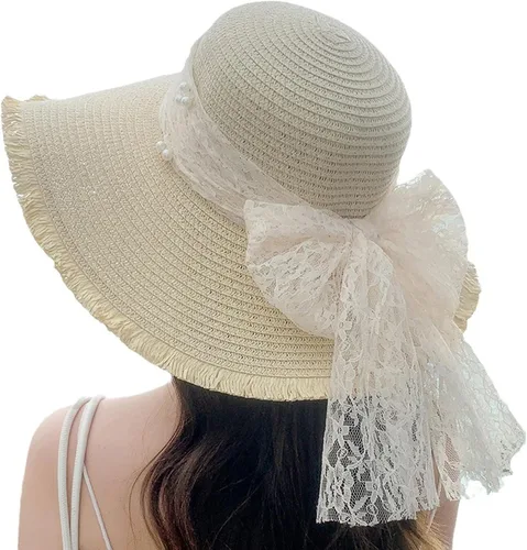 Vista 14 de Women hat Floppy Wide Brim Summer Beach Straw UPF Sun Fisherman's Cold Beige 1