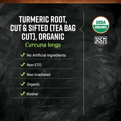 Vista 2 de Frontier Co-op Raíz de cúrcuma orgánica (corte en bolsa de té) cortada y tamizada, 16 onzas, bolsa a granel, certificado Kosher, para salmueras