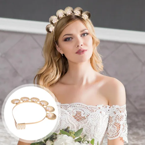 Vista 6 de minkissy Diadema de concha de perlas doradas, accesorio para el cabello para mujeres y niñas, vacaciones, boda, fiesta, cosplay, ligero y decorativo