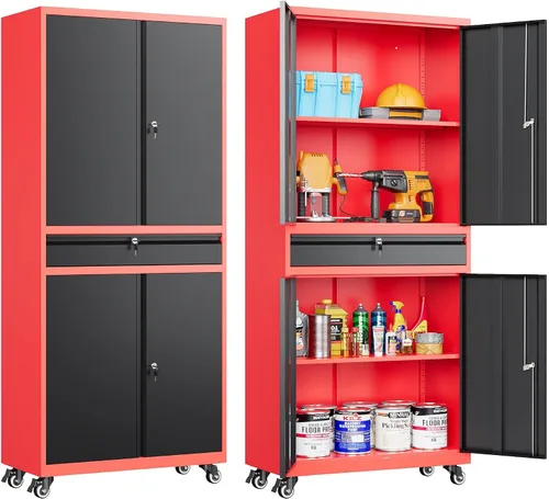 Vista 19 de SISESOL Gabinete de almacenamiento de metal ancho y profundo con ruedas, gabinete de almacenamiento de garaje alto rodante con cerradura, gabinetes
