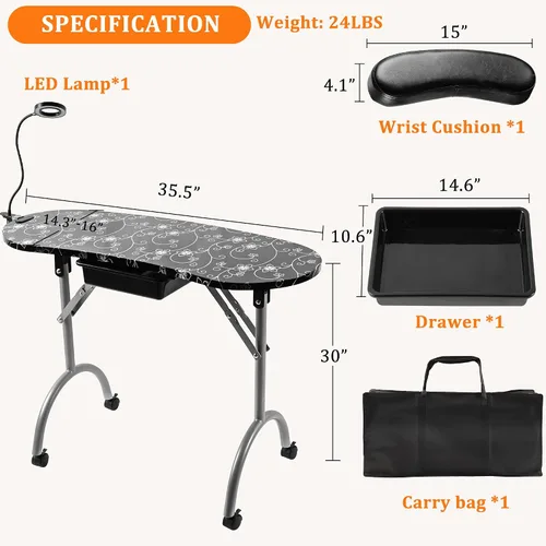Vista 6 de Alohappy Mesa de manicura portátil y plegable con cajón, lámpara de mesa LED con enchufe USB, almohadilla de muñeca para cliente, bolsa