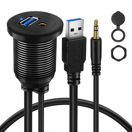 Vista 9 de Cable USB 3.0 de aleación de doble puerto para salpicadero de automóvil, macho a hembra, con indicador LED, cable de extensión para automóvil